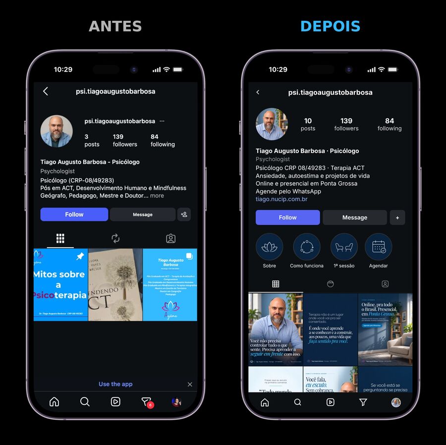 Perfil do Instagram antes e depois, no celular