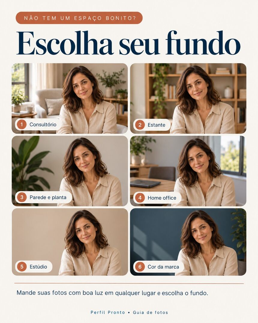 Seis opções de fundo: consultório, estante, parede e planta, home office, estúdio e cor da marca